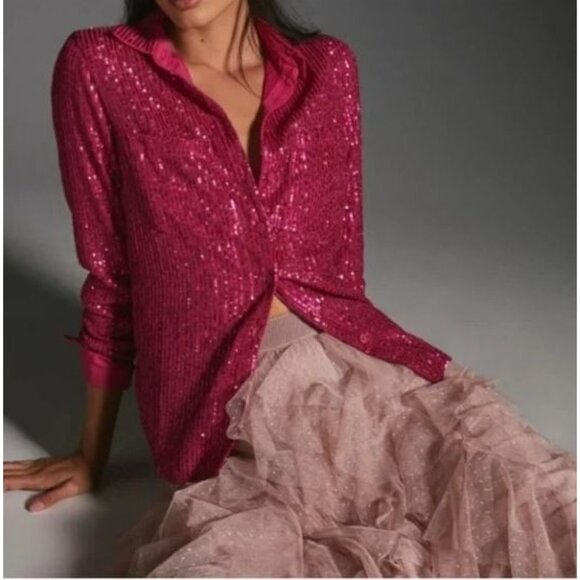 Anthropologie Tops - Anthropologie Top Womens Large Raspberry Remie Sequin Button Up Mob Wife Boho